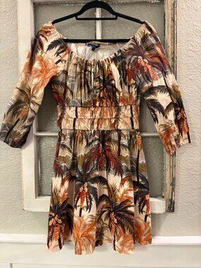 Shore Tropical Palm Leaf Smocked Mini Dress Small